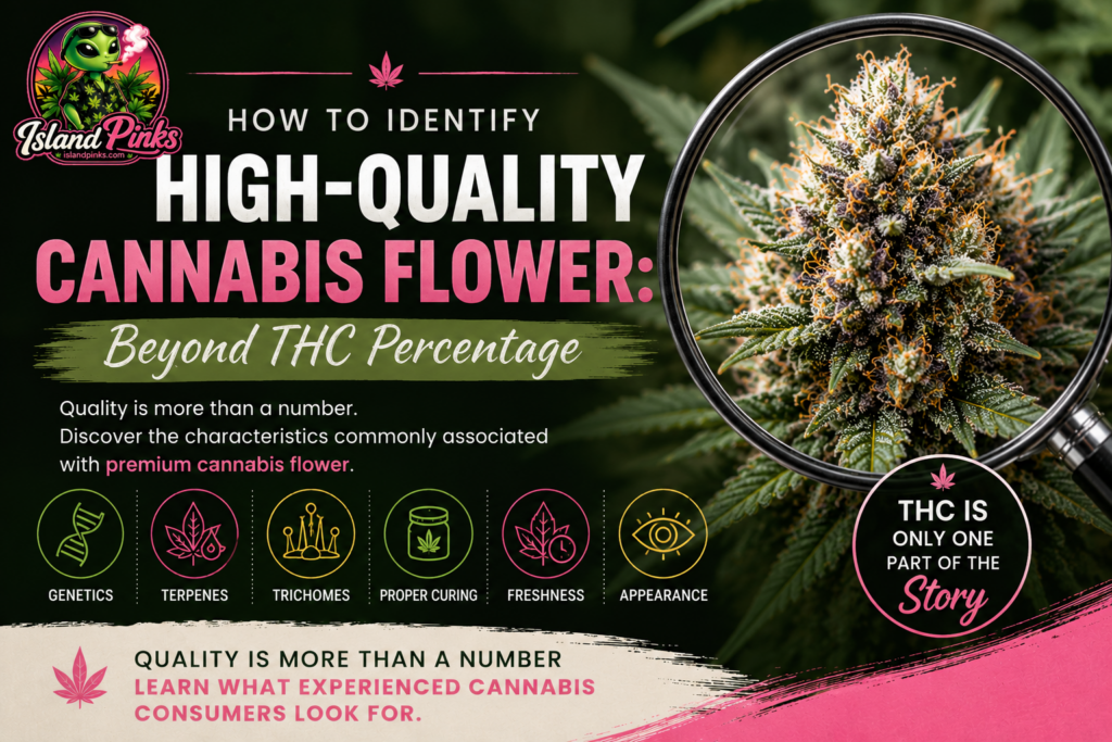 Premium cannabis flower under a magnifying glass, showing the key characteristics of high-quality cannabis beyond THC percentage, including genetics, terpenes, trichomes, proper curing, freshness and appearance.