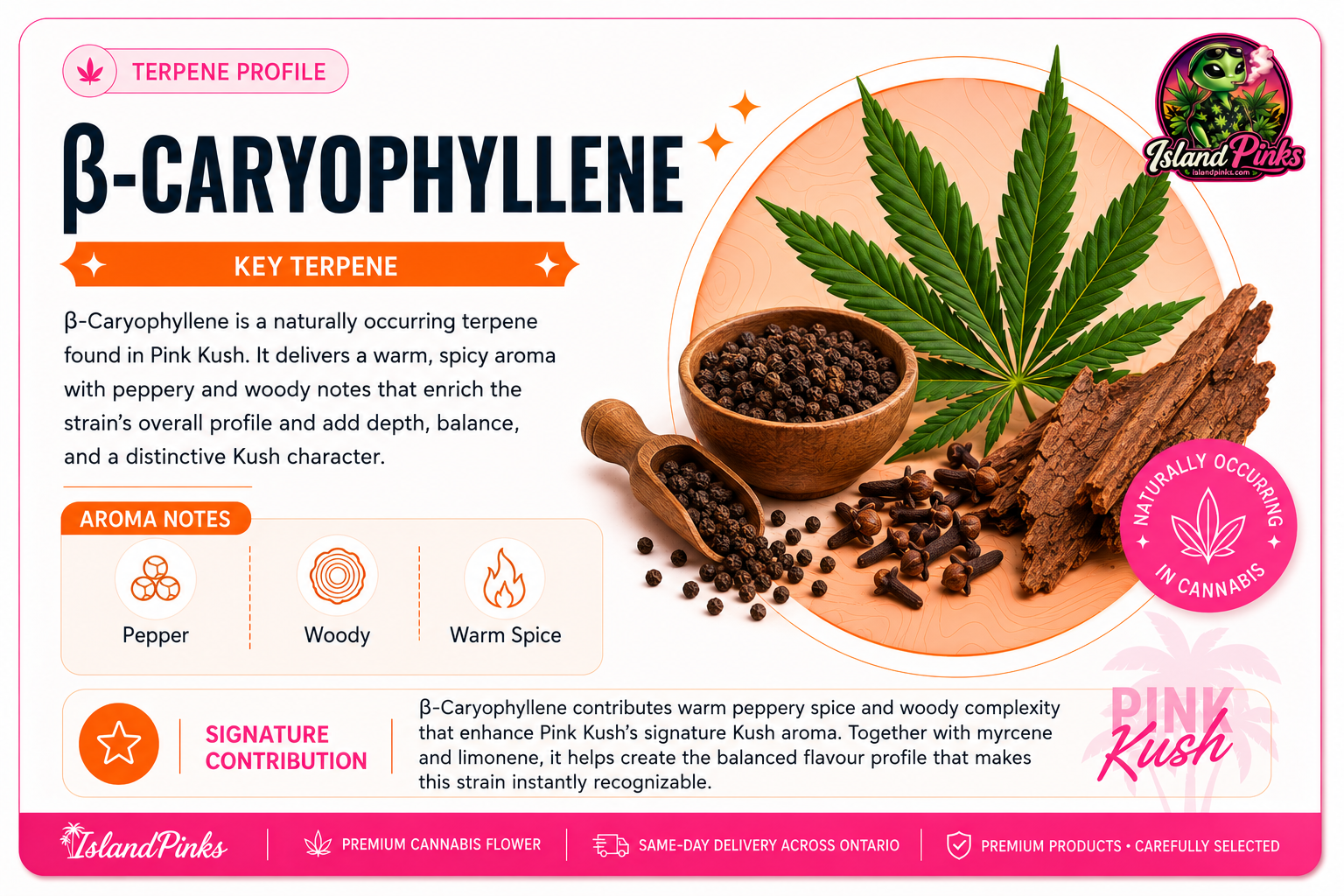 Beta-caryophyllene terpene profile infographic showing the peppery, woody, and warm spicy aroma characteristics of Pink Kush cannabis strain by IslandPinks.