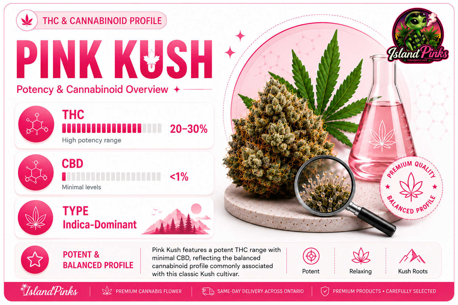 Pink Kush THC and cannabinoid profile infographic showing a typical THC range of 20–30%, minimal CBD below 1%, and an indica-dominant cannabinoid profile.
